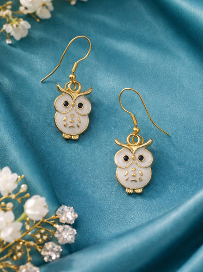 Gold Plated Mini Owl Earrings White Enamel Dangles