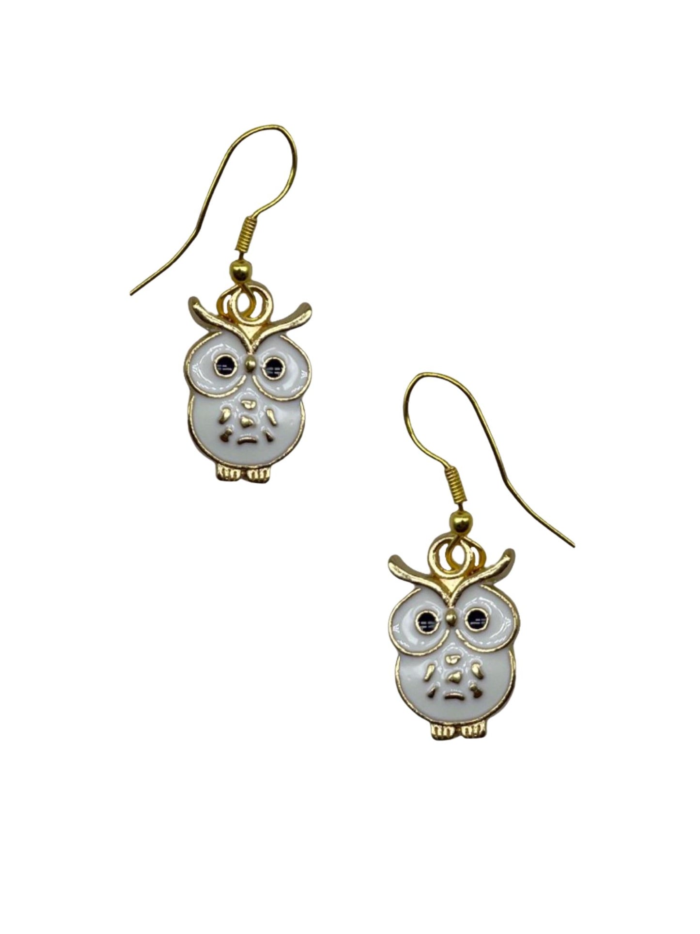 Gold Plated Mini Owl Earrings White Enamel Dangles
