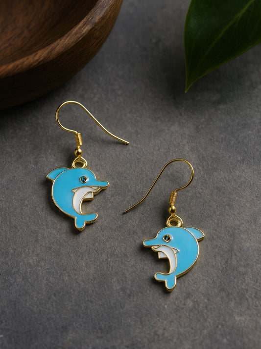 Blue Dolphin Mini Earrings Gold Plated Cute Jewelry