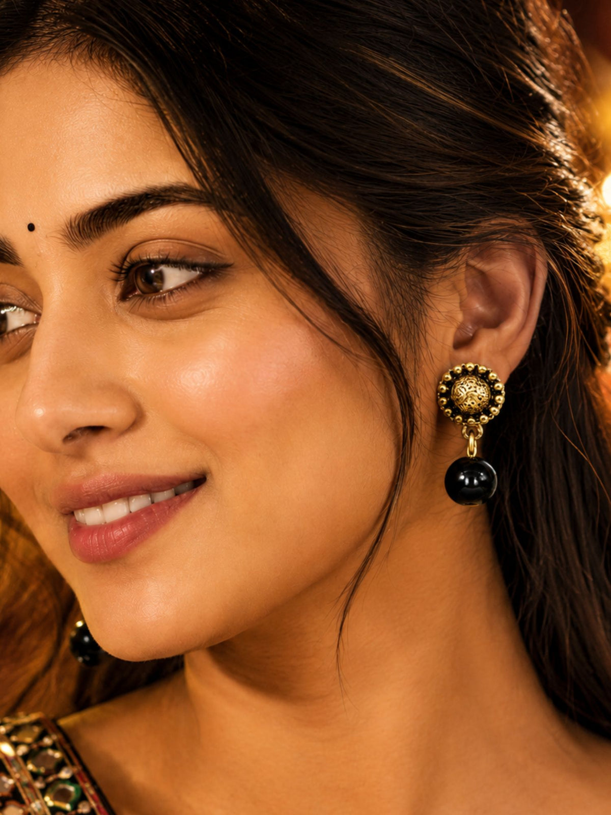 Traditional Gold Plated Black Bead Drop Earrings for Navaratri