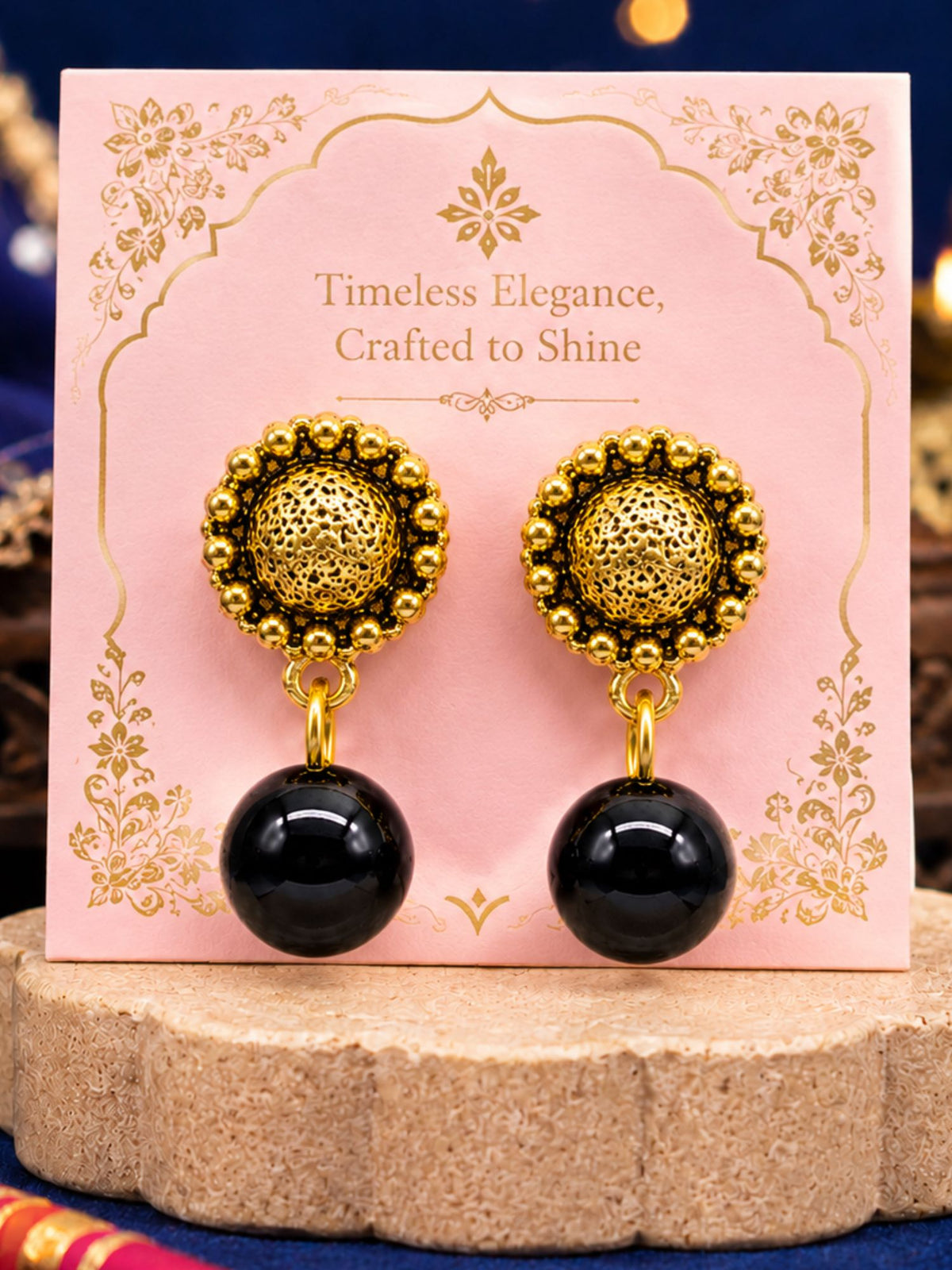 Traditional Gold Plated Black Bead Drop Earrings for Navaratri