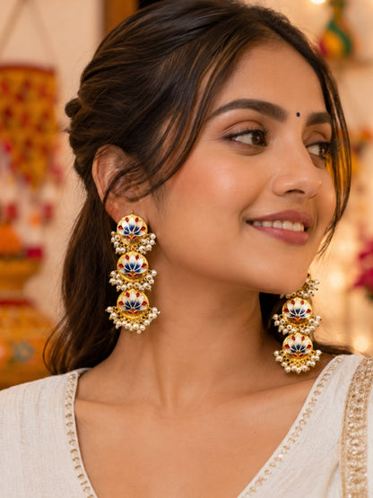 Gold Plated Lotus Pearl Drop Earrings for Navaratri