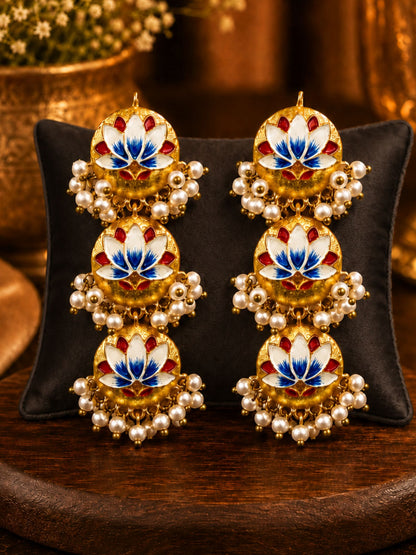 Gold Plated Lotus Pearl Drop Earrings for Navaratri