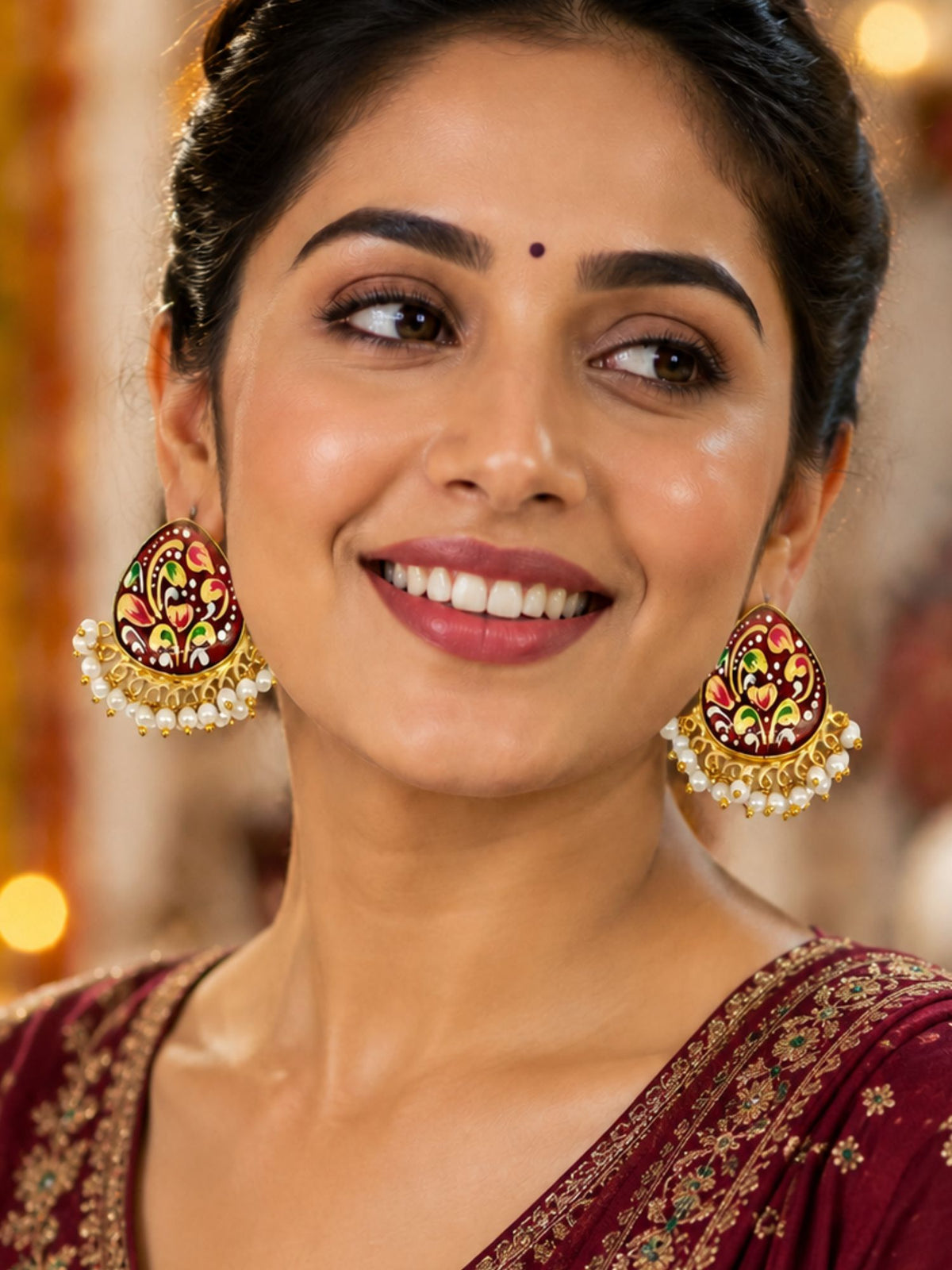 Gold-Tone Red Chandbali Earrings with Pearl Beads