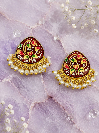 Gold-Tone Red Chandbali Earrings with Pearl Beads