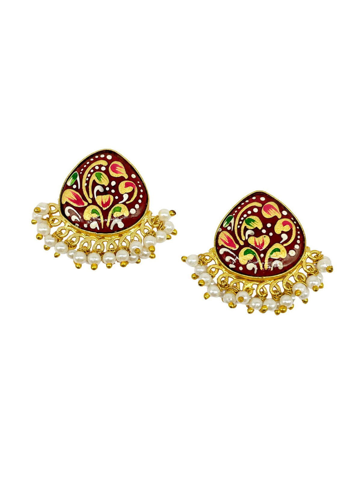 Gold-Tone Red Chandbali Earrings with Pearl Beads