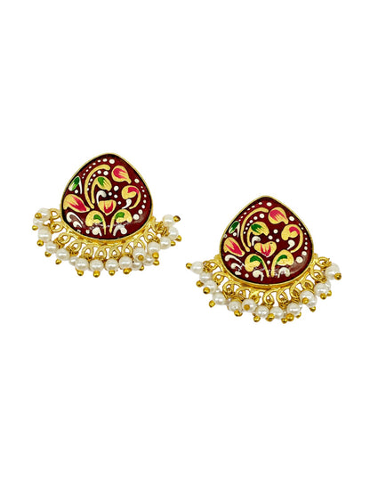 Gold-Tone Red Chandbali Earrings with Pearl Beads