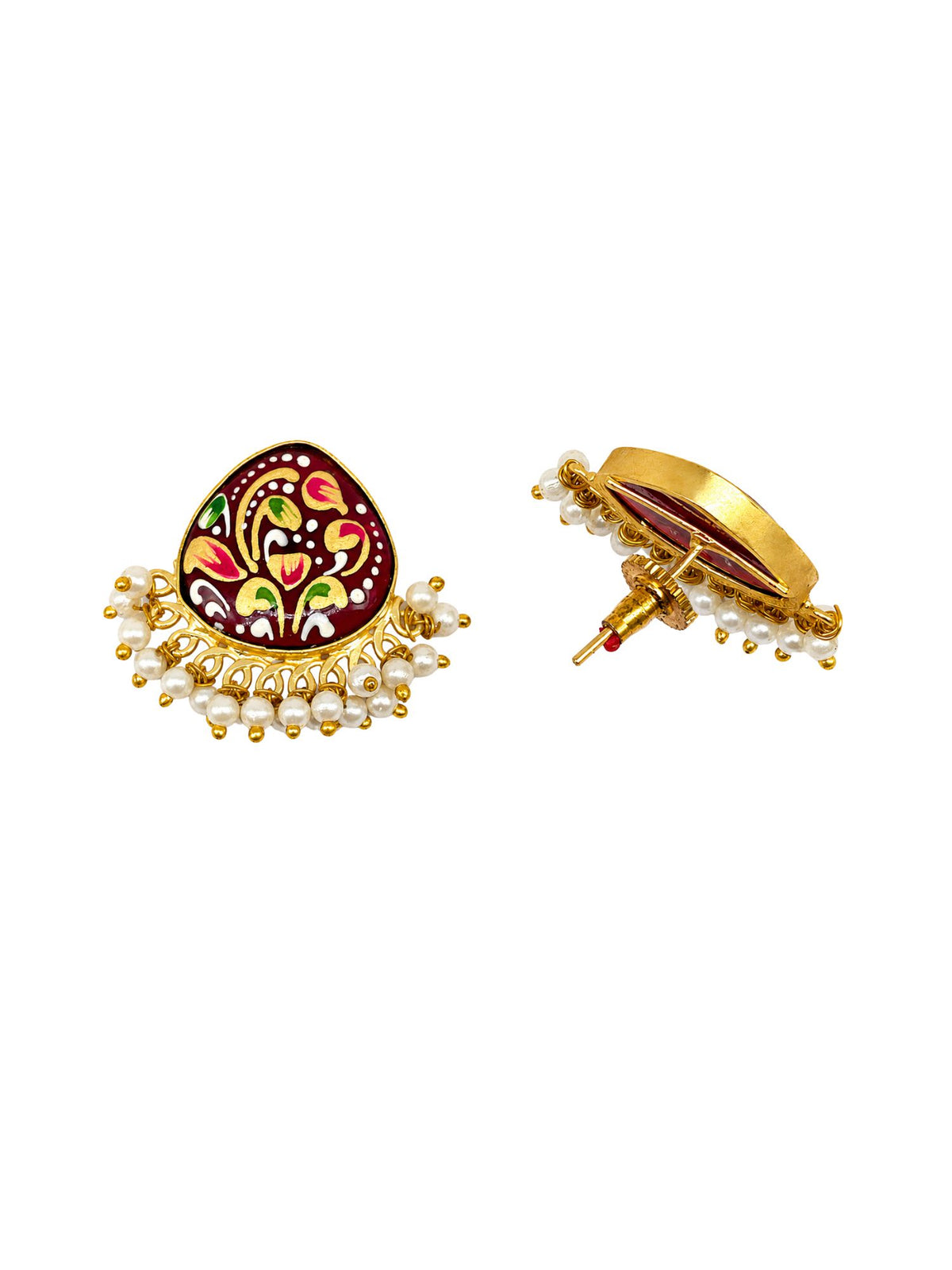 Gold-Tone Red Chandbali Earrings with Pearl Beads