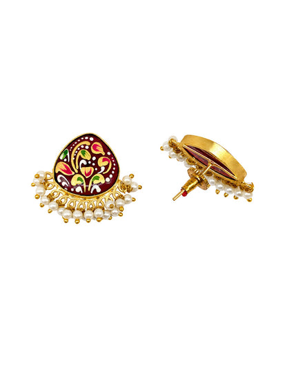 Gold-Tone Red Chandbali Earrings with Pearl Beads