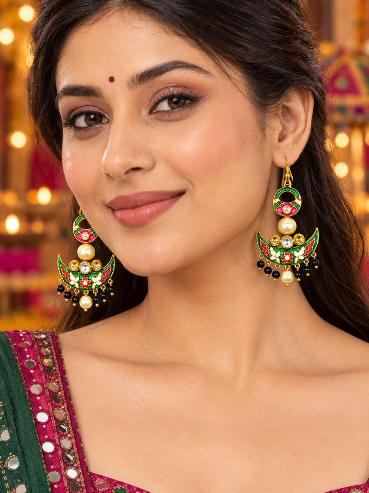 Meenakari Chandbali AD Earrings for Navaratri Wear