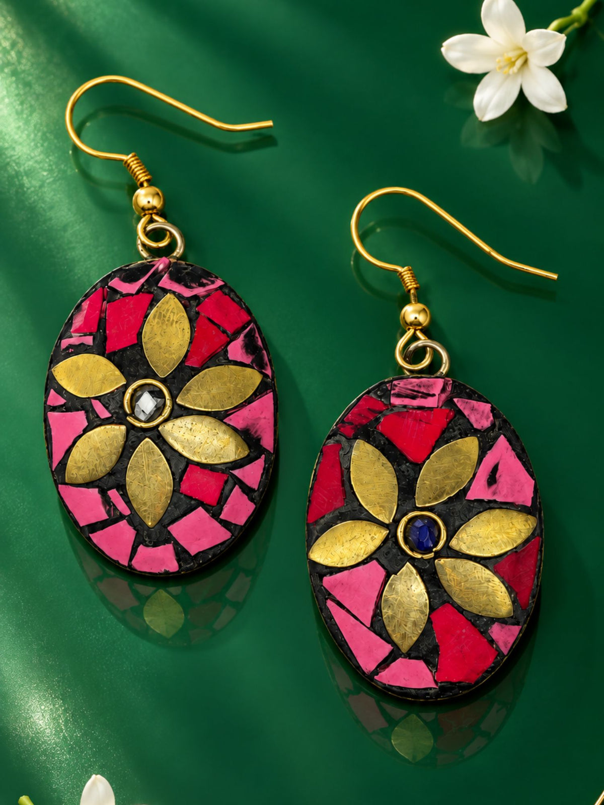 Pink Mosaic Oval Drop Earrings with Golden Floral Design for Navratri Garba Wear
