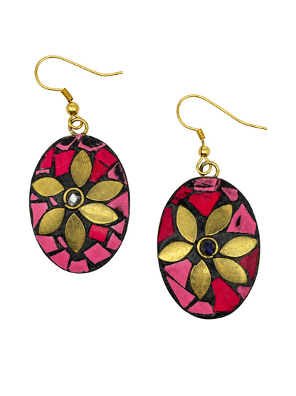 Pink Mosaic Oval Drop Earrings with Golden Floral Design for Navratri Garba Wear