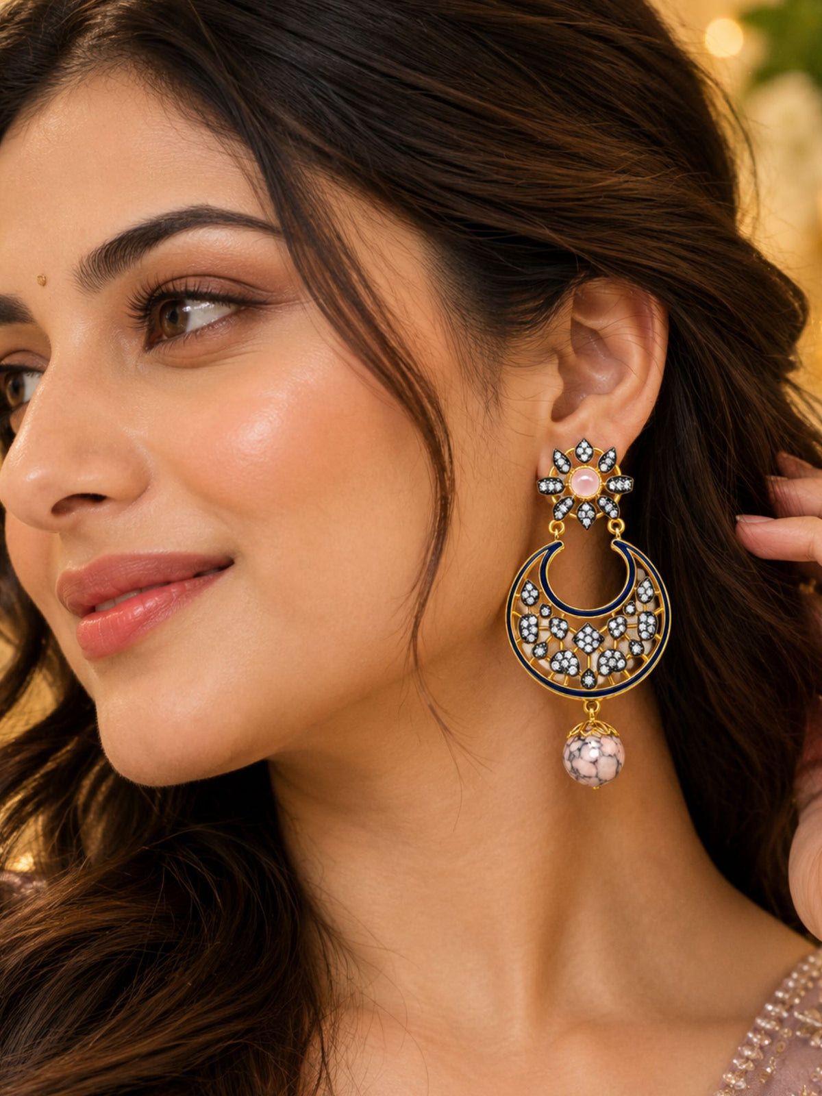 Diamond Chandbali Earrings with Pink Bead Drops