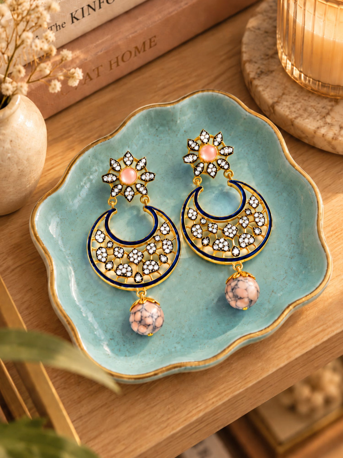Diamond Chandbali Earrings with Pink Bead Drops