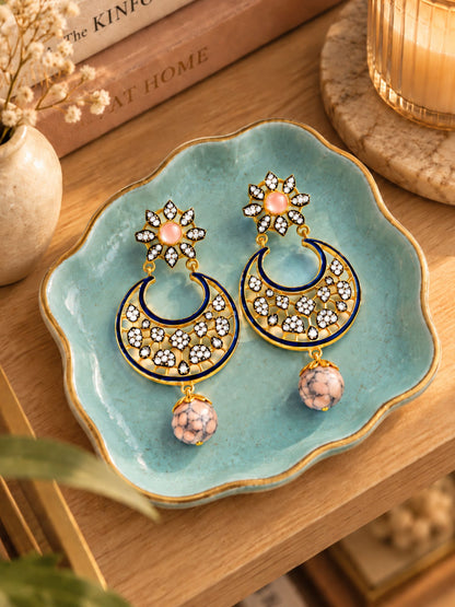 Diamond Chandbali Earrings with Pink Bead Drops