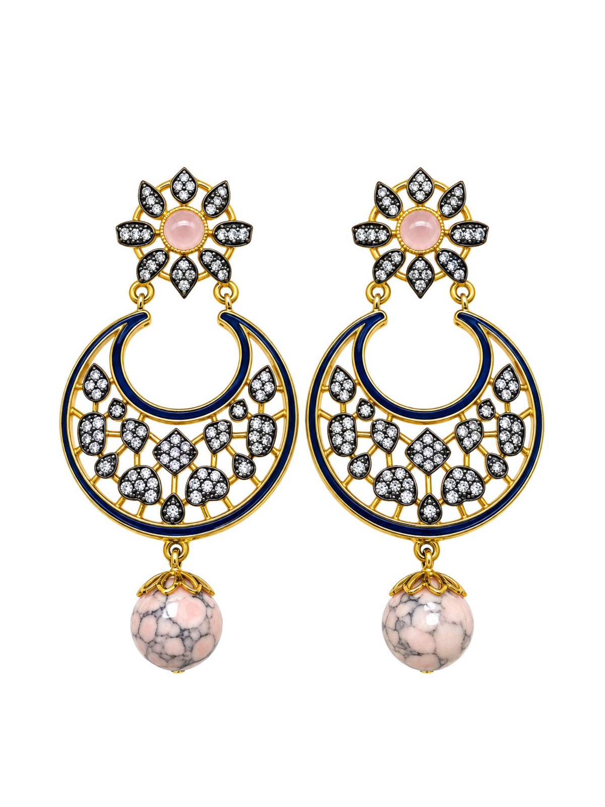 Diamond Chandbali Earrings with Pink Bead Drops
