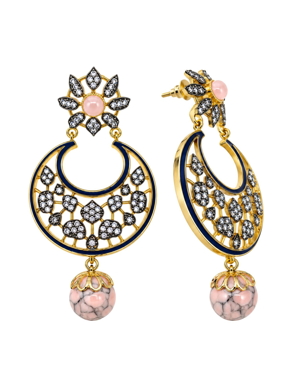 Diamond Chandbali Earrings with Pink Bead Drops