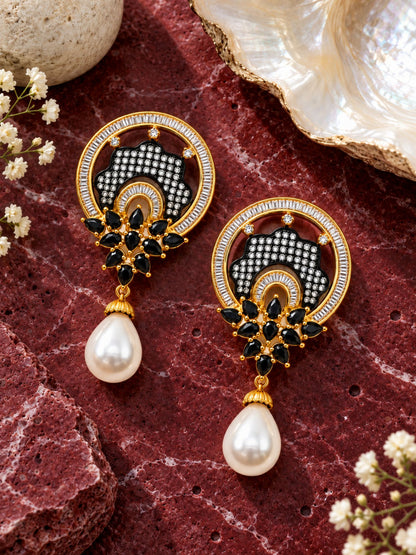 Gold Tone Diamond Earrings with Black Stones and Pearls