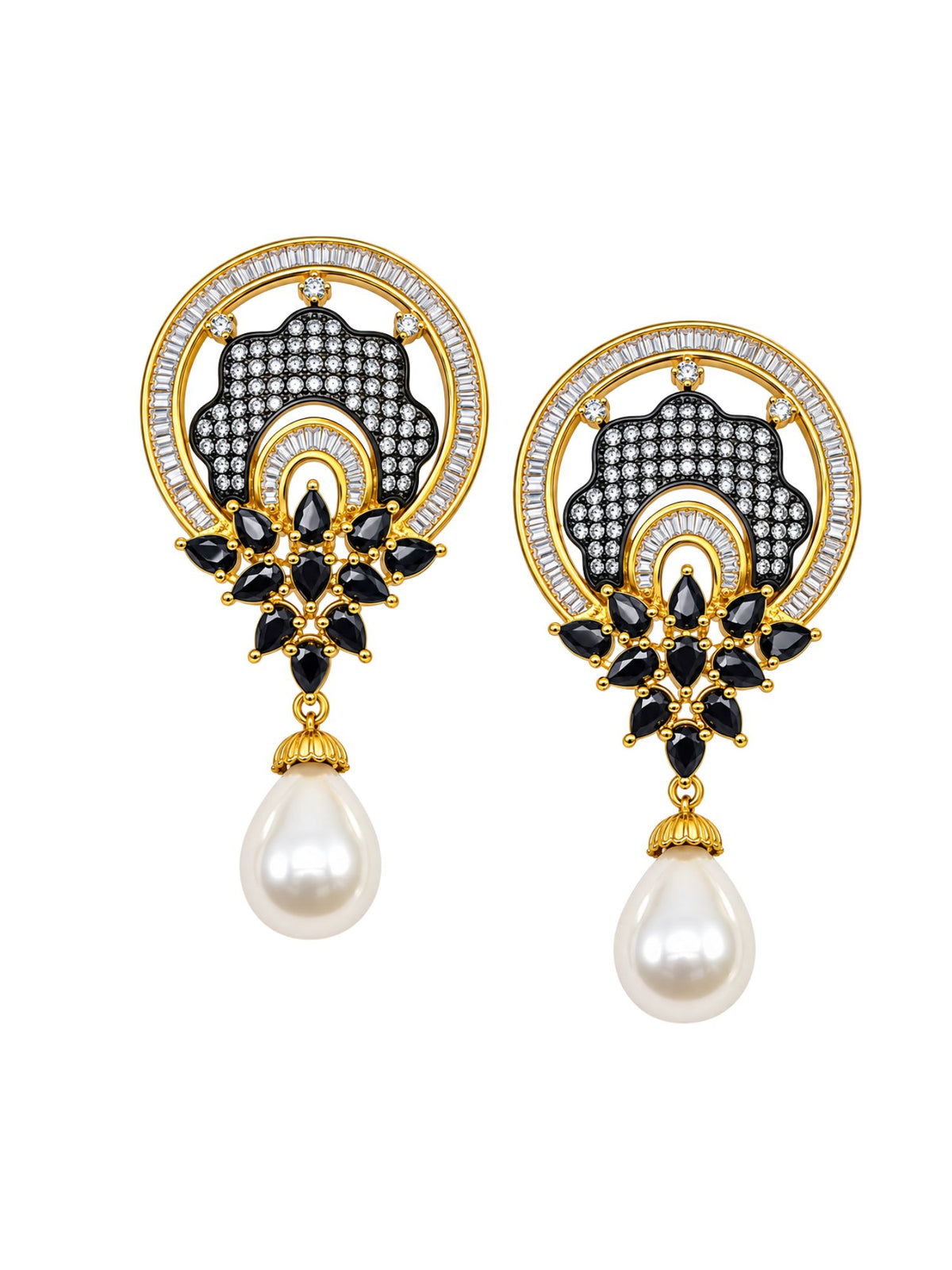 Gold Tone Diamond Earrings with Black Stones and Pearls