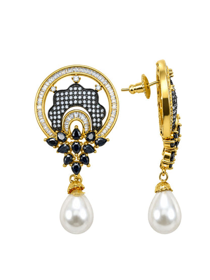 Gold Tone Diamond Earrings with Black Stones and Pearls