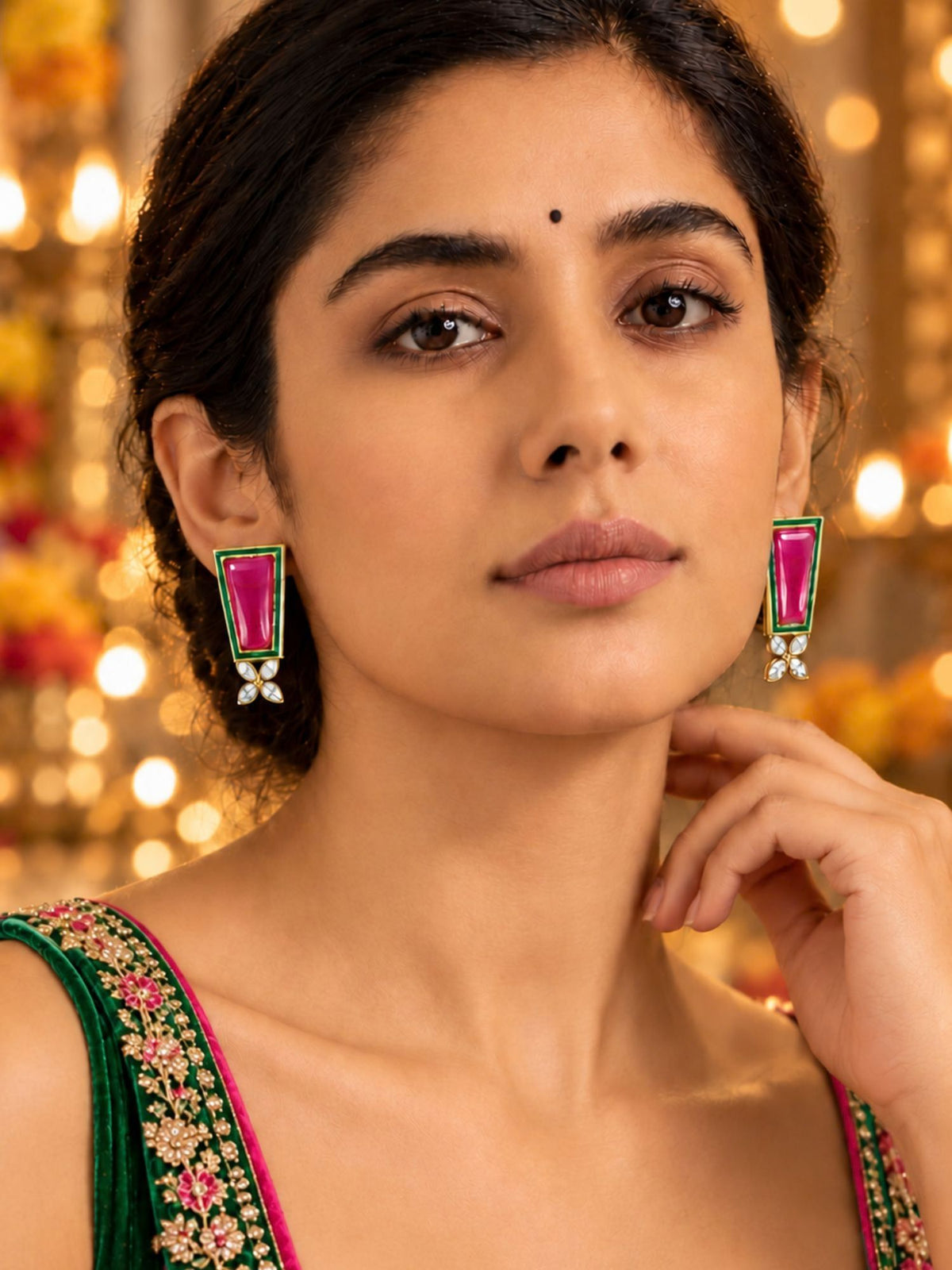 Pink Stone Diamond Earrings with Green Enamel Drop