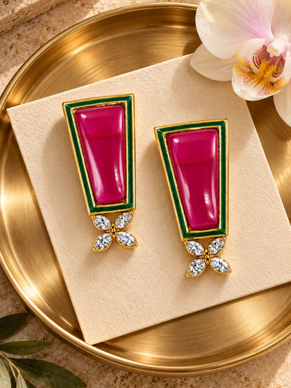 Pink Stone Diamond Earrings with Green Enamel Drop
