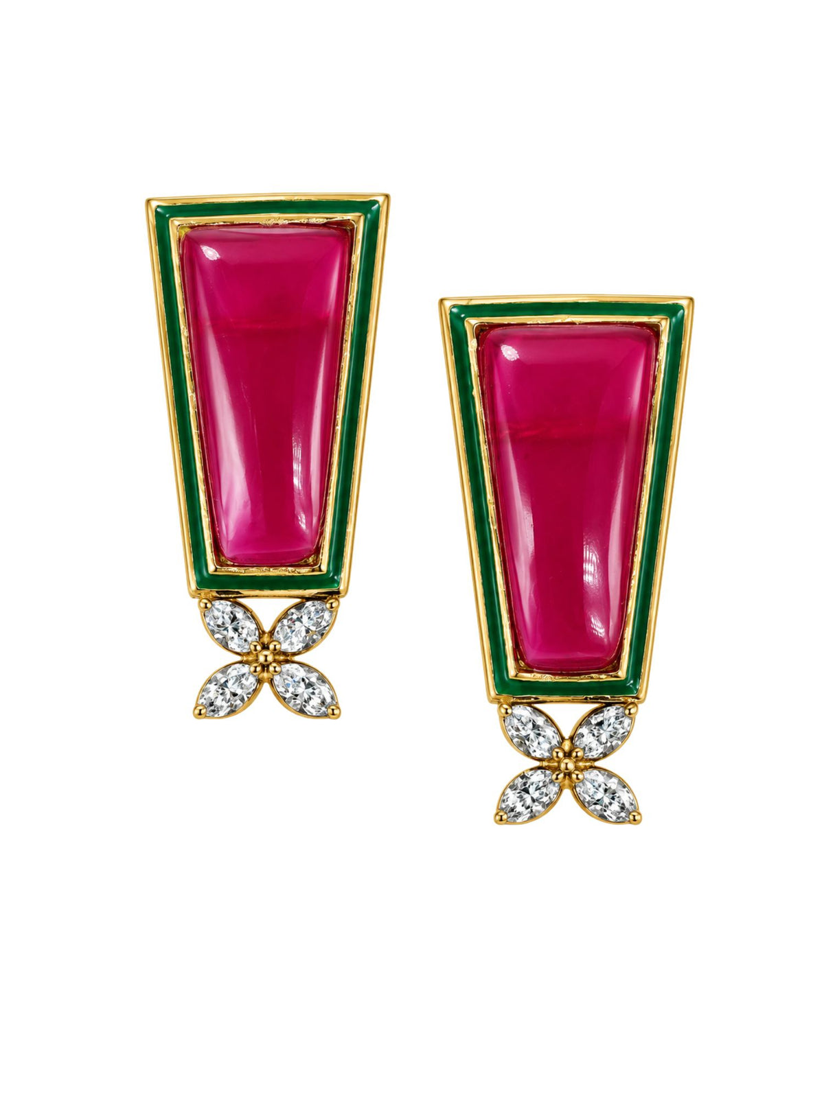 Pink Stone Diamond Earrings with Green Enamel Drop