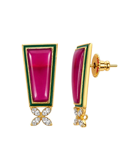 Pink Stone Diamond Earrings with Green Enamel Drop