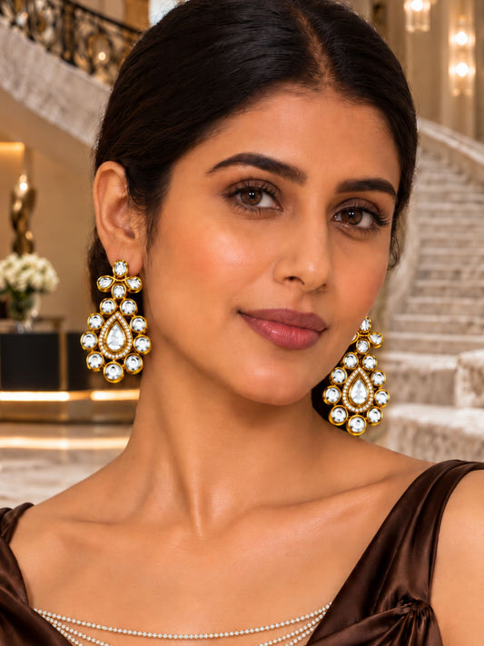Golden Kundan Style White Stones Teardrop Earrings