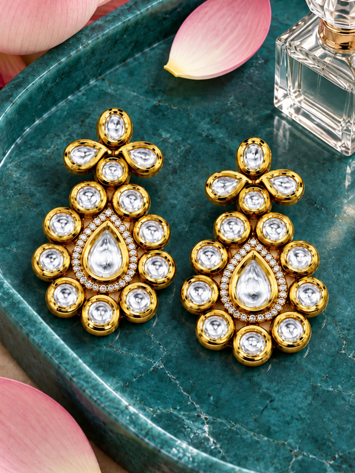 Golden Kundan Style White Stones Teardrop Earrings