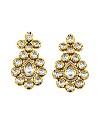 Golden Kundan Style White Stones Teardrop Earrings