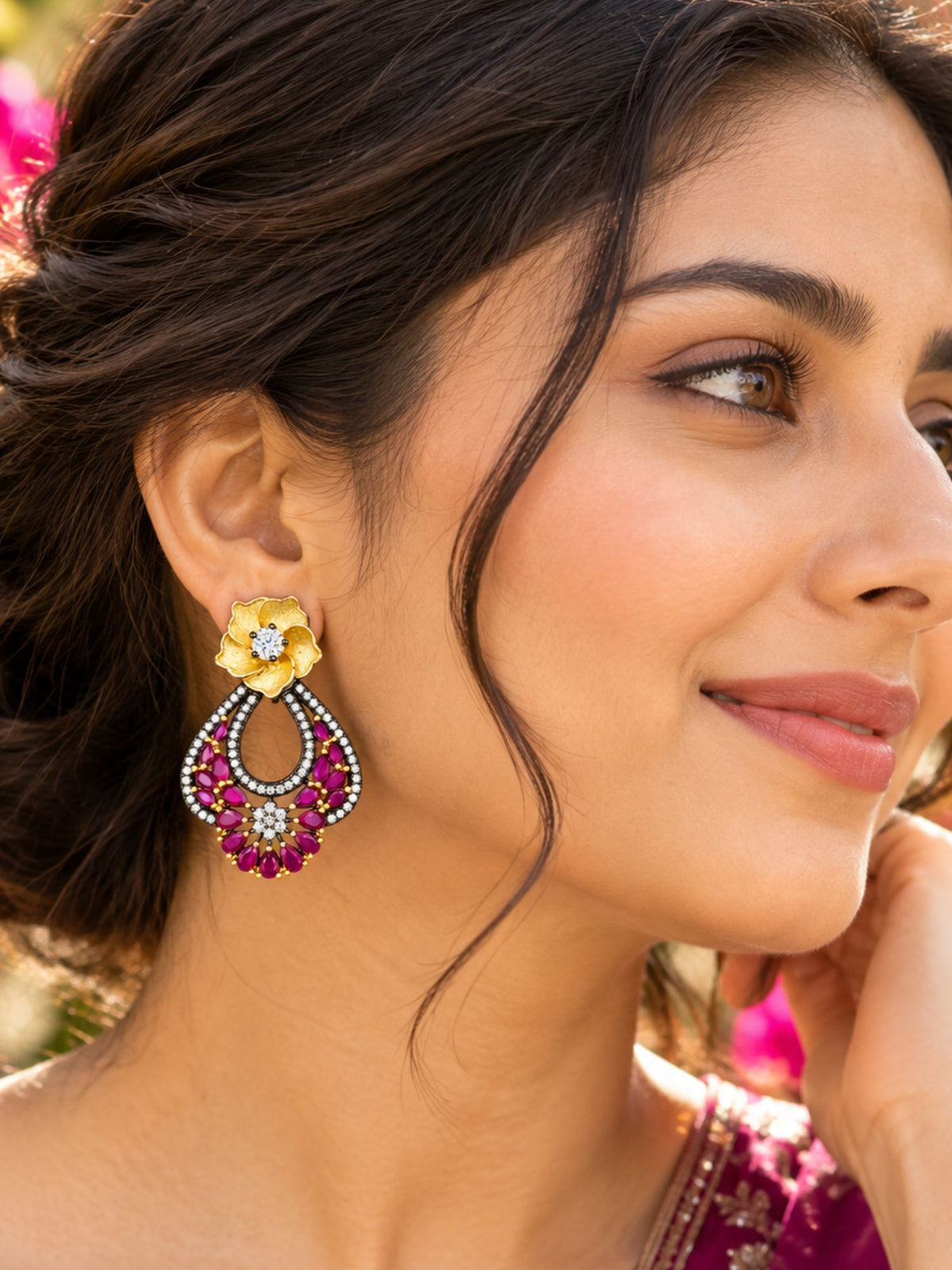 Gold Plated Purple Stone Diamond Teardrop Dangler Earrings