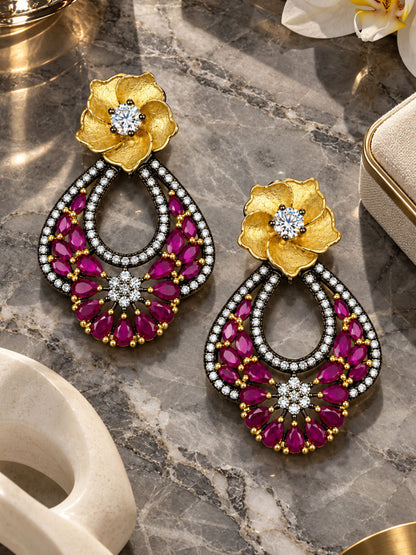 Gold Plated Purple Stone Diamond Teardrop Dangler Earrings