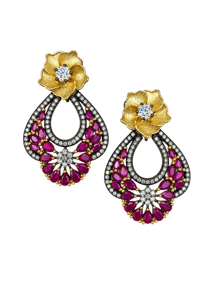 Gold Plated Purple Stone Diamond Teardrop Dangler Earrings