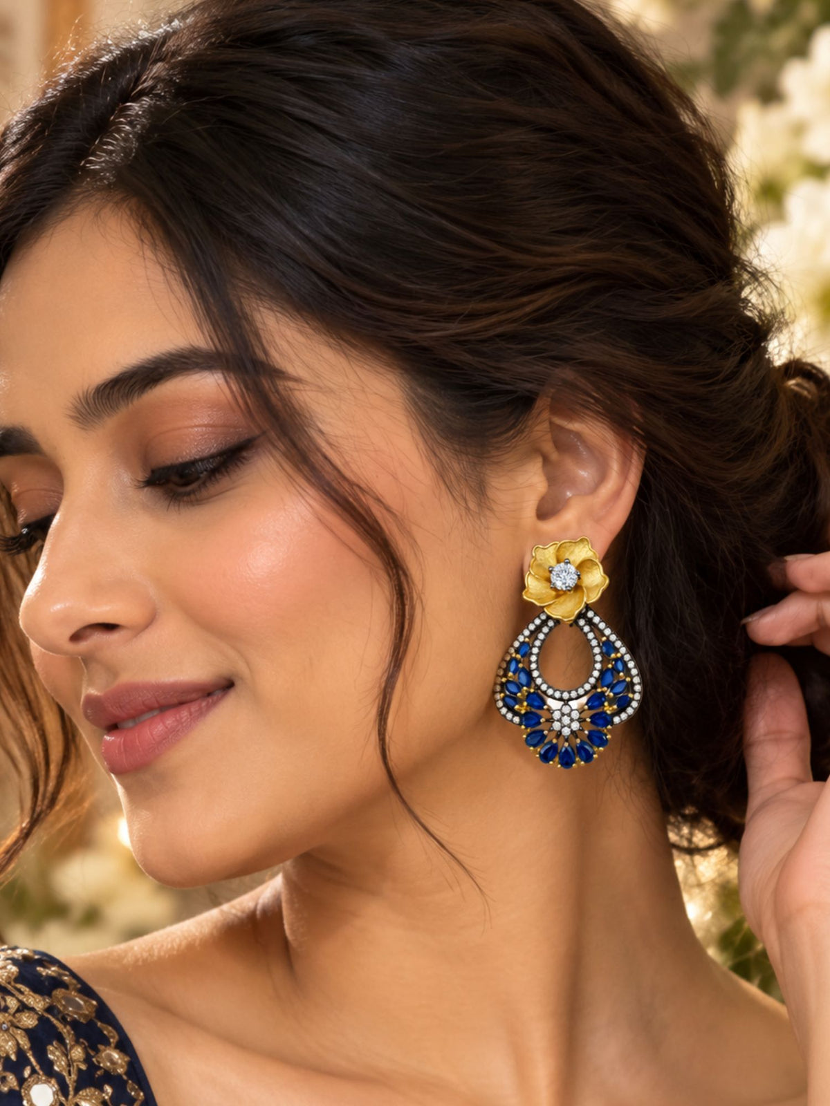 Blue Stone Floral Drop Earrings for Women Pair Set