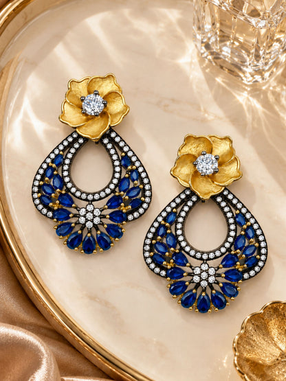 Blue Stone Floral Drop Earrings for Women Pair Set