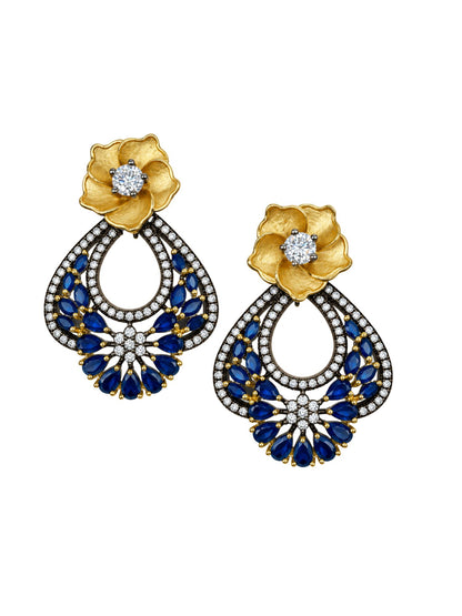 Blue Stone Floral Drop Earrings for Women Pair Set