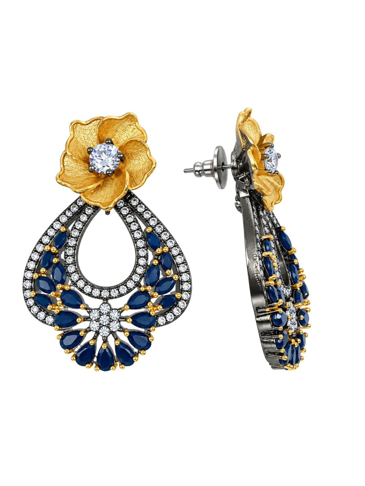 Blue Stone Floral Drop Earrings for Women Pair Set