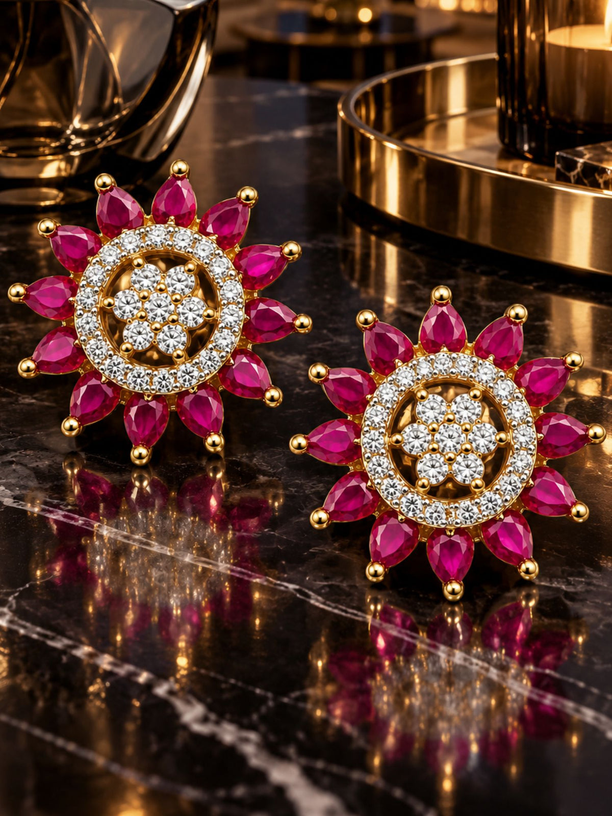 Gold Tone Purple Stone & Clear Stone Stud Earrings