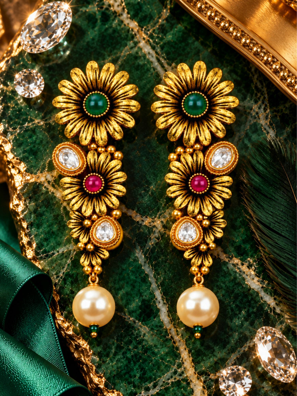 Vintage Gold Tone Floral Earrings with Pearl Drops