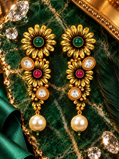 Vintage Gold Tone Floral Earrings with Pearl Drops