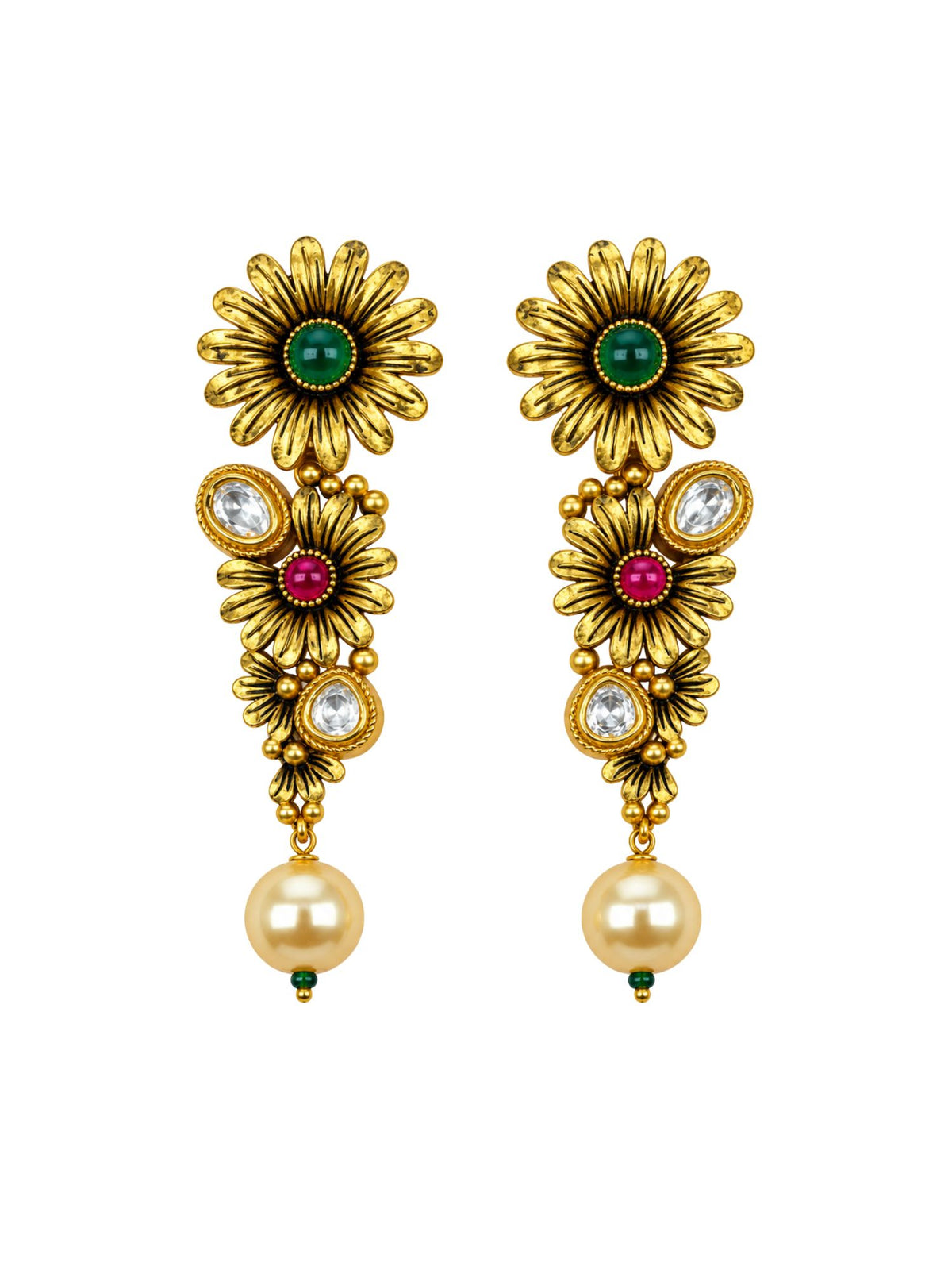 Vintage Gold Tone Floral Earrings with Pearl Drops
