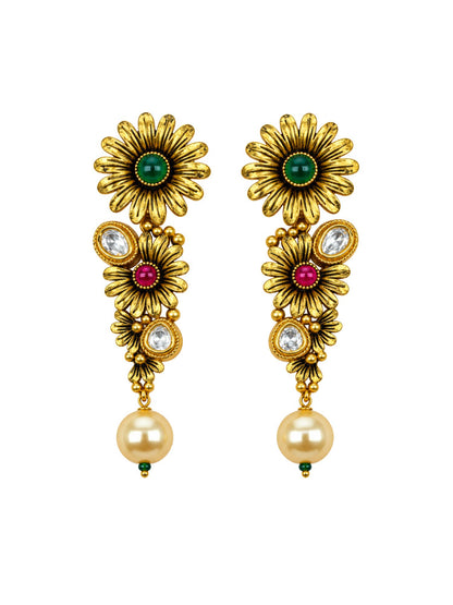 Vintage Gold Tone Floral Earrings with Pearl Drops