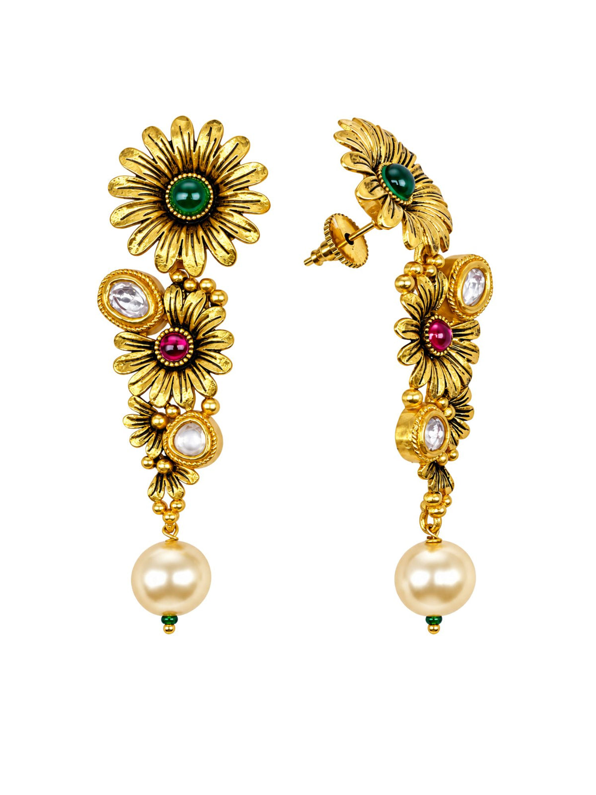 Vintage Gold Tone Floral Earrings with Pearl Drops