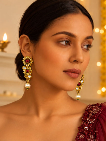 Gold Tone Floral Pink Stones & Pearl Drop Earrings