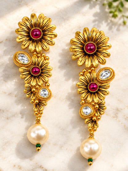 Gold Tone Floral Pink Stones & Pearl Drop Earrings