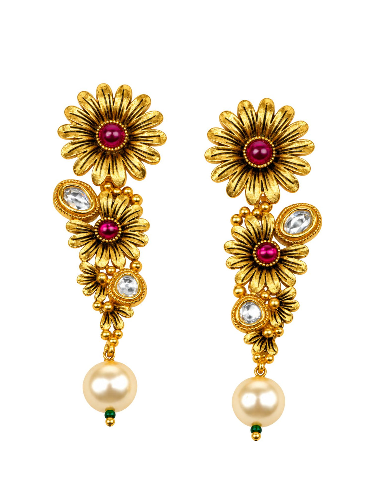 Gold Tone Floral Pink Stones & Pearl Drop Earrings