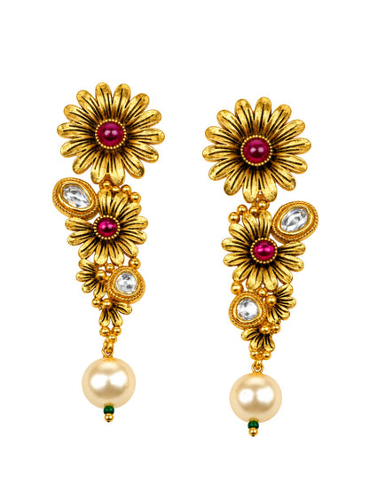 Gold Tone Floral Pink Stones & Pearl Drop Earrings