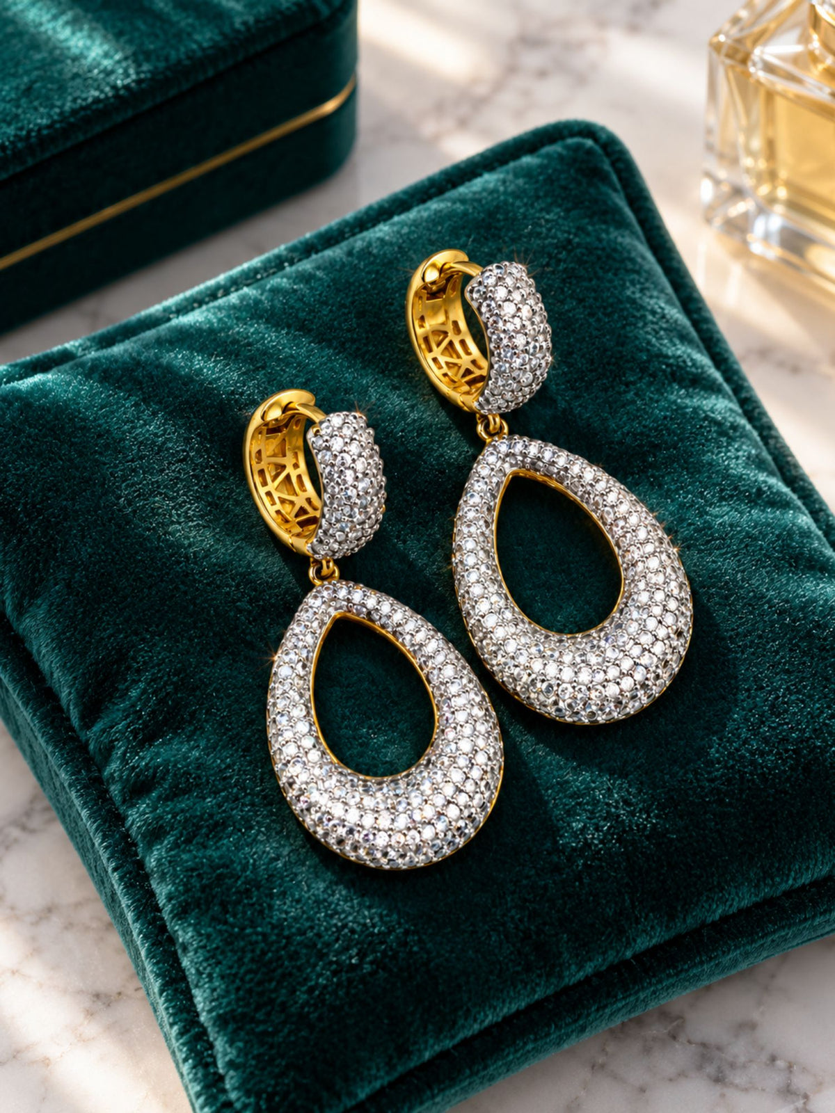 Two Tone Teardrop Drop Earrings with Clear Stones