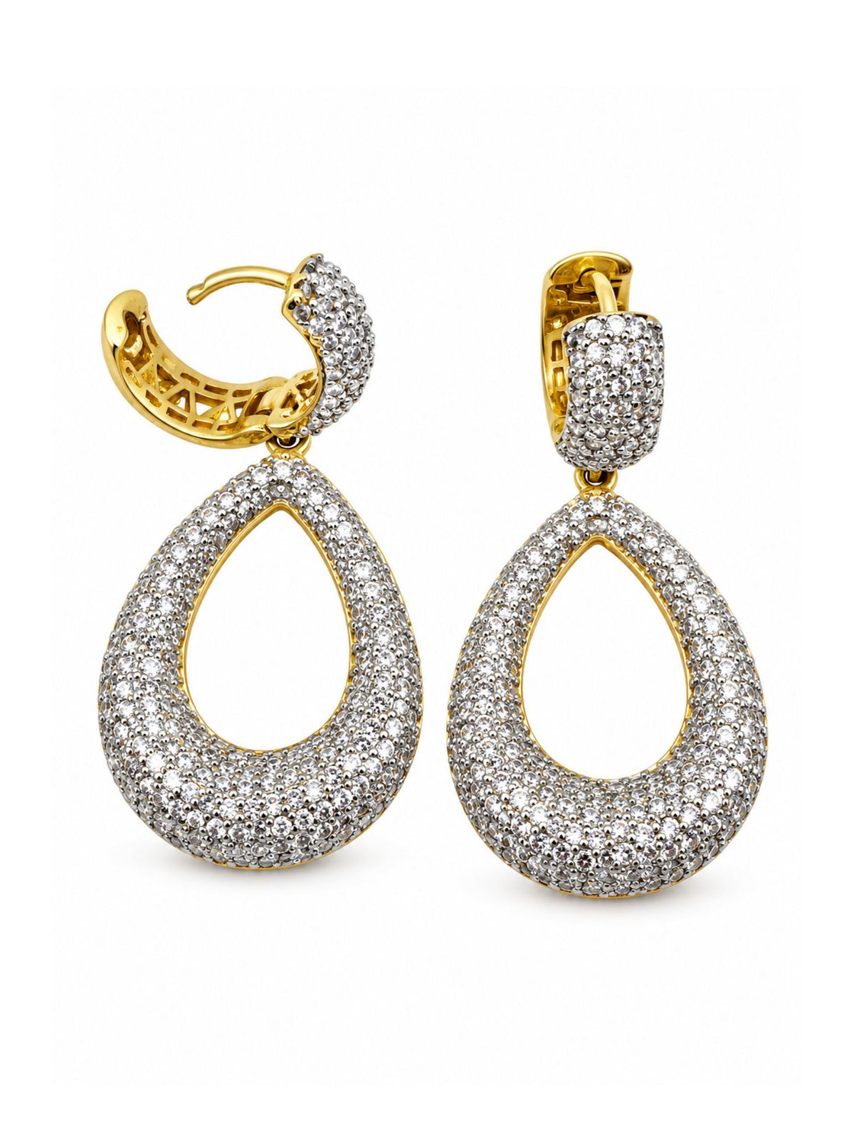 Two Tone Teardrop Drop Earrings with Clear Stones